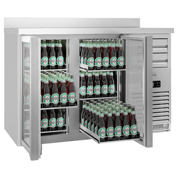 Barowy stół chłodniczy Premium PLUS - SUPERCOOLER - 1475 x 700 mm - z 2 szklanymi drzwiami i podwyższeniem - stal nierdzewna - Prime Gastro