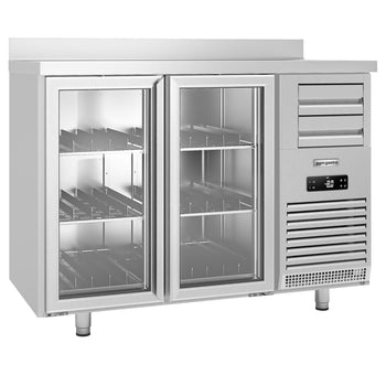 Barowy stół chłodniczy Premium PLUS - SUPERCOOLER - 1475 x 700 mm - z 2 szklanymi drzwiami i podwyższeniem - stal nierdzewna - Prime Gastro