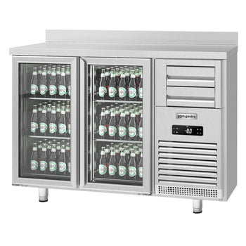 Barowy stół chłodniczy Premium PLUS - SUPERCOOLER - 1475 x 700 mm - z 2 szklanymi drzwiami i podwyższeniem - stal nierdzewna - Prime Gastro
