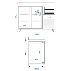 Barowy stół chłodniczy Premium PLUS – 1475 x 700 mm – 440 litrów – z 2 szklanymi drzwiami i podwyższeniem – czarna