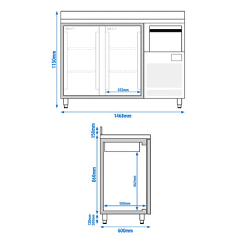 Stół chłodniczy barowy do napojów Premium PLUS - 1470 x 600 mm - z 2 szklanymi drzwiami, panelem tylnym & kołatką do kawy - Prime Gastro