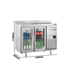 Stół chłodniczy barowy do napojów Premium PLUS - 1470 x 600 mm - z 2 szklanymi drzwiami, panelem tylnym & kołatką do kawy