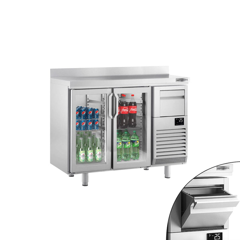 Stół chłodniczy barowy do napojów Premium PLUS - 1470 x 600 mm - z 2 szklanymi drzwiami, panelem tylnym & kołatką do kawy