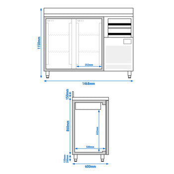 Stół chłodniczy barowy do napojów Premium PLUS - 1470 x 600 mm - z 2 drzwiami, 2 szufladami & panelem tylnym - Prime Gastro