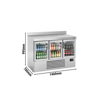 Stół chłodniczy PREMIUM PLUS - 1460x700 mm - z 3 szklanymi drzwiami & panelem tylnym - Prime Gastro