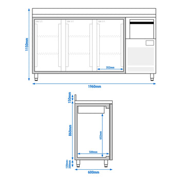 Stół chłodniczy barowy do napojów PREMIUM PLUS - 1960x600mm - z 3 szklanymi drzwiami, panelem tylnym & kołatką do kawy - Prime Gastro