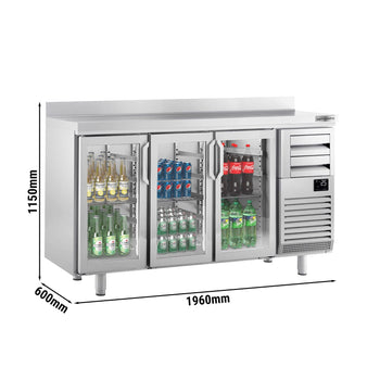 Stół chłodniczy barowy do napojów PREMIUM PLUS - 1960x600mm - z 3 szklanymi drzwiami, 2 szufladami & panelem tylnym - Prime Gastro