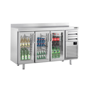 Stół chłodniczy barowy do napojów PREMIUM PLUS - 1960x600mm - z 3 szklanymi drzwiami, 2 szufladami & panelem tylnym - Prime Gastro