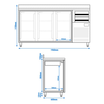 Stół chłodniczy barowy do napojów PREMIUM PLUS - 1960x600mm - z 3 szklanymi drzwiami, 2 szufladami & panelem tylnym - Prime Gastro