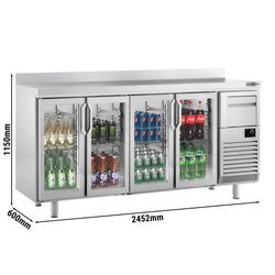 Stół chłodniczy barowy do napojów PREMIUM PLUS - 2450x600mm - z 4 szklanymi drzwiami, panelem tylnym & kołatką do kawy
