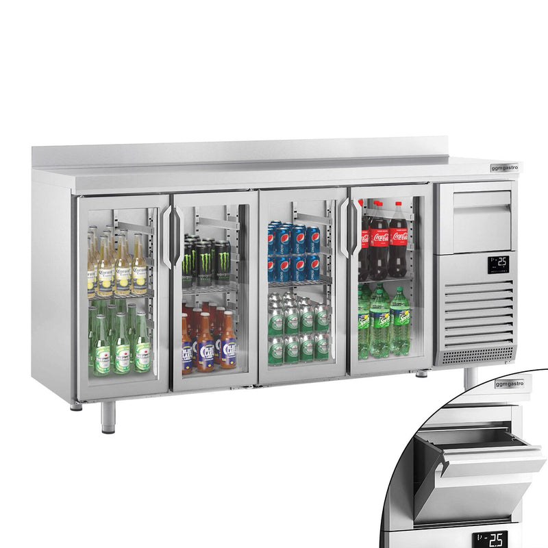 Stół chłodniczy barowy do napojów PREMIUM PLUS - 2450x600mm - z 4 szklanymi drzwiami, panelem tylnym & kołatką do kawy