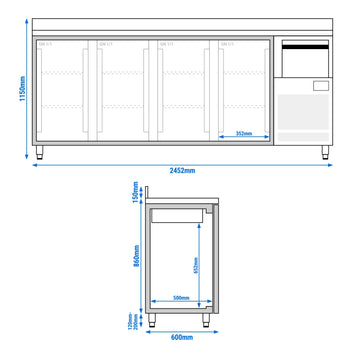 Stół chłodniczy barowy do napojów PREMIUM PLUS - 2450x600mm - z 4 szklanymi drzwiami, panelem tylnym & kołatką do kawy - Prime Gastro