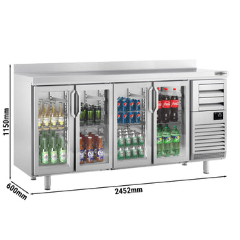 Stół chłodniczy barowy do napojów Premium PLUS - 2450x600 mm - z 4 szklanymi drzwiami, 2 szufladami & panelem tylnym - Prime Gastro