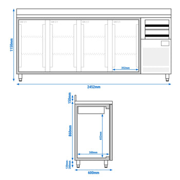 Stół chłodniczy barowy do napojów Premium PLUS - 2450x600 mm - z 4 drzwiami, 2 szufladami & panelem tylnym - Prime Gastro