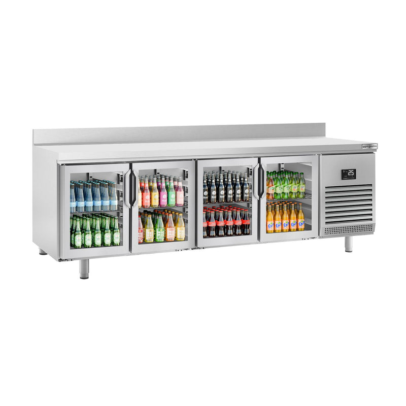 Stół chłodniczy PREMIUM PLUS - 2452x600 mm - z 4 szklanymi drzwiami & panelem tylnym