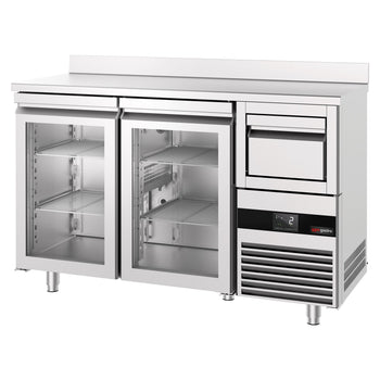 Stół chłodniczy barowy do napojów PREMIUM - 1580 x 600 mm - z 2 szklanymi drzwiami, panelem tylnym & kołatką do kawy - Prime Gastro