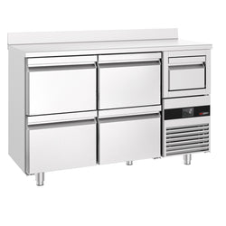 Stół barowy chłodniczy do napojów PREMIUM - 1580x600x1150mm - 365L - z 1 modułem chłodniczym z 4 szufladami, blat z rantem, wybijak do fusów kawy, termostat cyfrowy, automatyczne odszranianie, regulowane nóżki