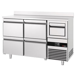 Stół barowy chłodniczy do napojów PREMIUM - 1580x600x1150mm - 365L - z 1 modułem chłodniczym z 4 szufladami, blat z rantem, wybijak do fusów kawy, termostat cyfrowy, automatyczne odszranianie, regulowane nóżki