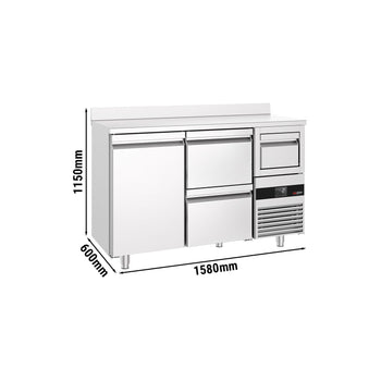 Stół chłodniczy barowy do napojów PREMIUM - 1580x600 mm - z 1 drzwiami, 2 szufladami, panelem tylnym & kołatką do kawy - Prime Gastro