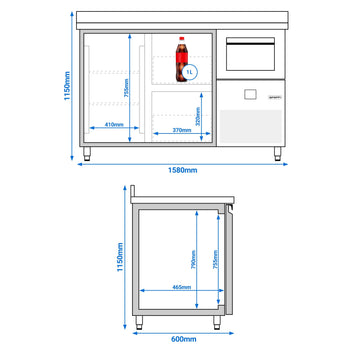 Stół chłodniczy barowy do napojów PREMIUM - 1580x600 mm - z 1 drzwiami, 2 szufladami, panelem tylnym & kołatką do kawy - Prime Gastro