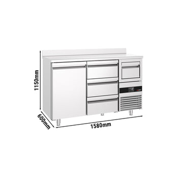 Stół chłodniczy barowy do napojów PREMIUM - 1580x600 mm - z 1 drzwiami, 3 szufladami, panelem tylnym & kołatką do kawy - Prime Gastro