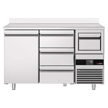 Stół chłodniczy barowy do napojów PREMIUM - 1580x600 mm - z 1 drzwiami, 3 szufladami, panelem tylnym & kołatką do kawy - Prime Gastro