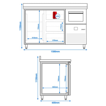 Stół chłodniczy barowy do napojów PREMIUM - 1580x600 mm - z 1 drzwiami, 3 szufladami, panelem tylnym & kołatką do kawy - Prime Gastro