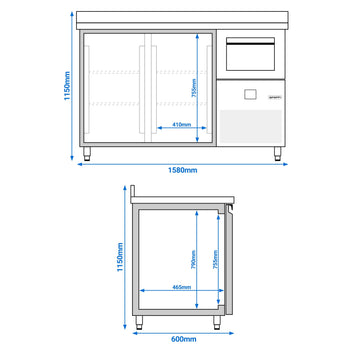 Stół chłodniczy barowy do napojów PREMIUM - 1580x600 mm - z 2 drzwiami, panelem tylnym & kołatką do kawy - Prime Gastro
