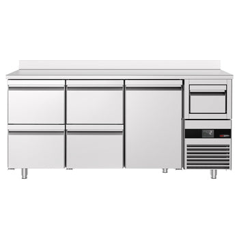 Stół chłodniczy barowy do napojów PREMIUM - 2130x600 mm - z 1 drzwiami, 4 szufladami, panelem tylnym & kołatką do kawy - Prime Gastro