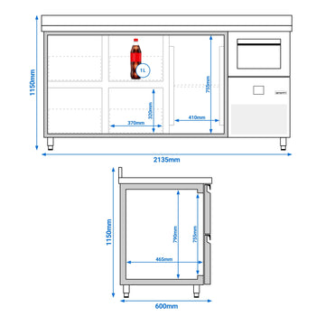Stół chłodniczy barowy do napojów PREMIUM - 2130x600 mm - z 1 drzwiami, 4 szufladami, panelem tylnym & kołatką do kawy - Prime Gastro