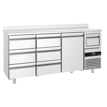 Stół chłodniczy barowy do napojów PREMIUM - 2130x600 mm - z 1 drzwiami, 6 szufladami, panelem tylnym & kołatką do kawy - Prime Gastro