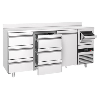 Stół chłodniczy barowy do napojów PREMIUM - 2130x600 mm - z 1 drzwiami, 6 szufladami, panelem tylnym & kołatką do kawy - Prime Gastro