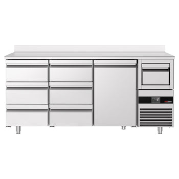 Stół chłodniczy barowy do napojów PREMIUM - 2130x600 mm - z 1 drzwiami, 6 szufladami, panelem tylnym & kołatką do kawy - Prime Gastro