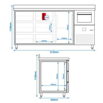 Stół chłodniczy barowy do napojów PREMIUM - 2130x600 mm - z 1 drzwiami, 6 szufladami, panelem tylnym & kołatką do kawy - Prime Gastro