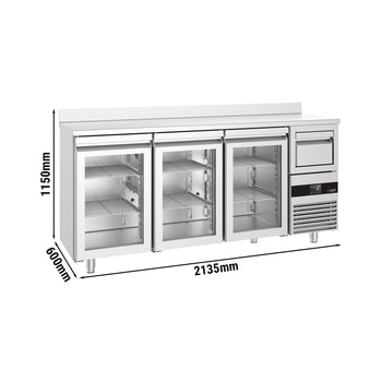 Stół chłodniczy barowy do napojów PREMIUM - 2130x600 mm - z 3 szklanymi drzwiami, panelem tylnym & kołatką do kawy - Prime Gastro