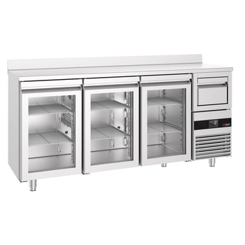 Stół chłodniczy barowy do napojów PREMIUM - 2130x600 mm - z 3 szklanymi drzwiami, panelem tylnym & kołatką do kawy - Prime Gastro