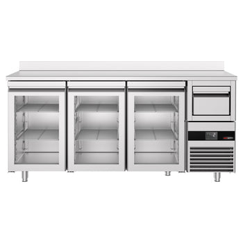 Stół chłodniczy barowy do napojów PREMIUM - 2130x600 mm - z 3 szklanymi drzwiami, panelem tylnym & kołatką do kawy - Prime Gastro