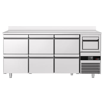 Stół chłodniczy barowy do napojów Premium - 2130x600 mm - z 6 szufladami 1/2, panelem tylnym i kołatką do kawy - Prime Gastro