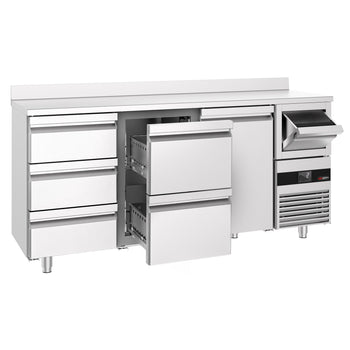 Stół chłodniczy barowy do napojów PREMIUM - 2130x600 mm - z 1 drzwiami, 5 szufladami, panelem tylnym & kołatką do kawy - Prime Gastro