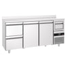 Stół barowy chłodniczy do napojów PREMIUM - 2135x600x1150mm - 570L - z 2 drzwi i 2 szuflady, automatyczne odszranianie, cyfrowy termostat, blat z nakładką (rantem), wybijak do fusów kawowych