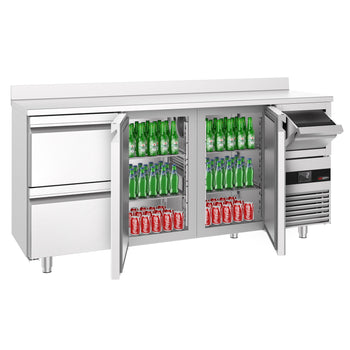 Stół chłodniczy barowy do napojów PREMIUM - 2130x600 mm - z 2 drzwiami, 2 szufladami, panelem tylnym & kołatką do kawy - Prime Gastro