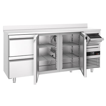 Stół chłodniczy barowy do napojów PREMIUM - 2130x600 mm - z 2 drzwiami, 2 szufladami, panelem tylnym & kołatką do kawy - Prime Gastro