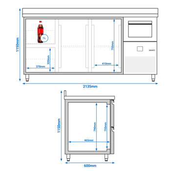 Stół chłodniczy barowy do napojów PREMIUM - 2130x600 mm - z 2 drzwiami, 2 szufladami, panelem tylnym & kołatką do kawy - Prime Gastro