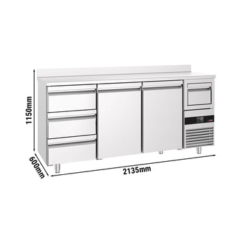 Stół chłodniczy barowy do napojów PREMIUM - 2130x600 mm - z 2 drzwiami, 3 szufladami, panelem tylnym & kołatką do kawy - Prime Gastro