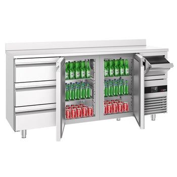 Stół chłodniczy barowy do napojów PREMIUM - 2130x600 mm - z 2 drzwiami, 3 szufladami, panelem tylnym & kołatką do kawy - Prime Gastro