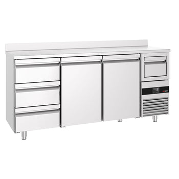Stół chłodniczy barowy do napojów PREMIUM - 2130x600 mm - z 2 drzwiami, 3 szufladami, panelem tylnym & kołatką do kawy - Prime Gastro