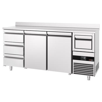 Stół chłodniczy barowy do napojów PREMIUM - 2130x600 mm - z 2 drzwiami, 3 szufladami, panelem tylnym & kołatką do kawy - Prime Gastro