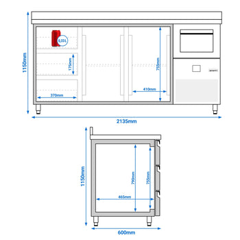Stół chłodniczy barowy do napojów PREMIUM - 2130x600 mm - z 2 drzwiami, 3 szufladami, panelem tylnym & kołatką do kawy - Prime Gastro