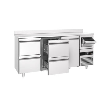 Stół chłodniczy barowy do napojów PREMIUM - 2130x600 mm - z 1 drzwiami, 4 szufladami, panelem tylnym & kołatką do kawy - Prime Gastro