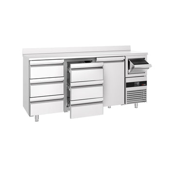 Stół chłodniczy barowy do napojów PREMIUM - 2130x600 mm - z 1 drzwiami, 6 szufladami, panelem tylnym & kołatką do kawy - Prime Gastro